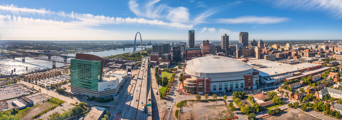 Aerial panorama of St. Louis, Missouri skyline with slow forward motion. St. Louis is an...