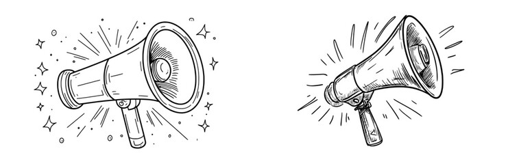 Icon representing a hand-drawn loudspeaker and an icon symbolizing monetization through advertisements