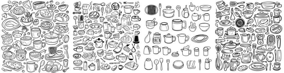 A collection of hand-drawn kitchen item sketches is available, featuring doodles of various kitchen object symbols