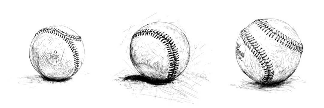 The design features a hand drawn, black and white baseball ball sketch engraving with a modern illustration style, ideal for t-shirt apparel print, and imitates a scratch board