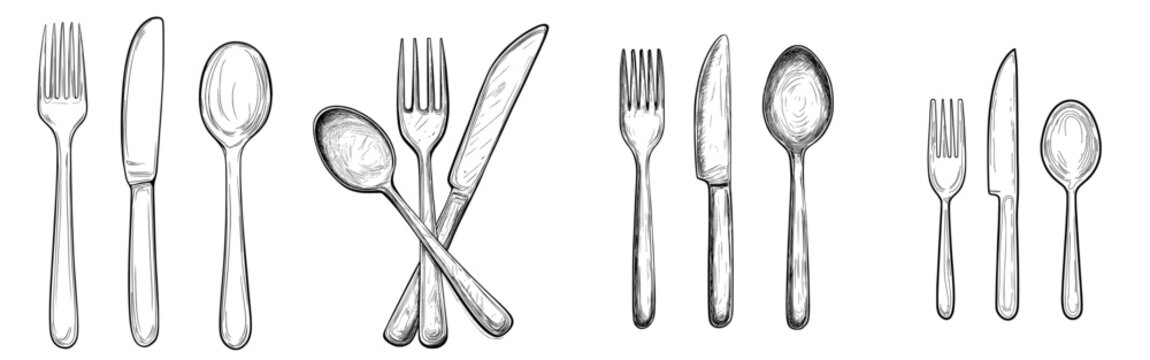 Modern linear sketch of dining cutlery, including a spoon, knife, and fork, isolated on a white background with hand-drawn black lines