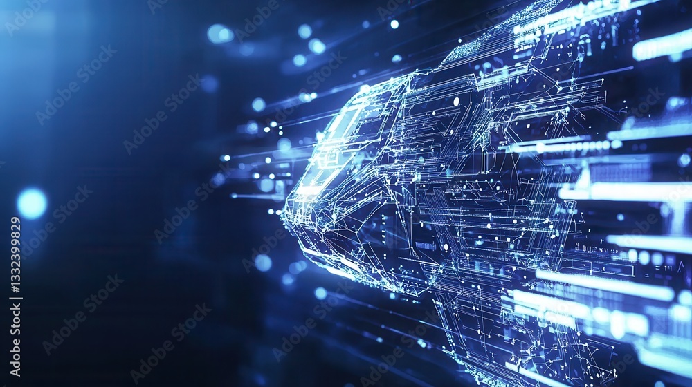 Poster a blue lit wireframe rendering of a high speed train hurtling through a dynamic data driven digital 