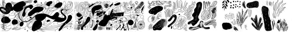 Poster modern set of colored drawn objects with abstract hand drawn organic shapes and a colorful backgroun