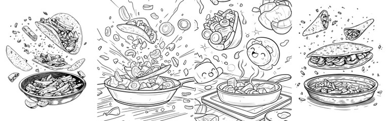 Modern sketch illustration of a cooking pan filled with food ingredients, featuring frying vegetables and meat, all hand drawn in outline form and isolated on a white background