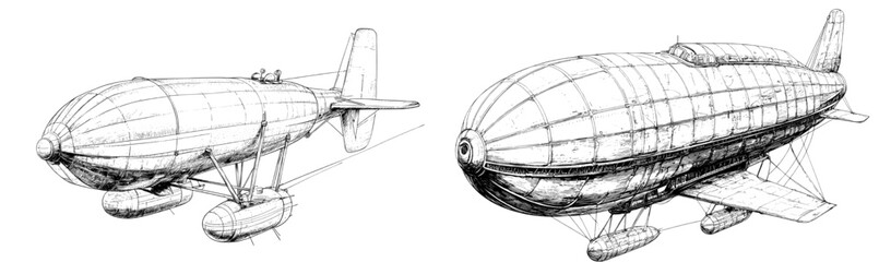A zeppelin or airship and a blimp or dirigible are depicted in an engraved, hand-drawn illustration with an old sketch style, symbolizing vintage transport © Andrei