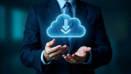 Businessman Demonstrating Virtual Glowing Cloud Computing: Downloading, Uploading, and Transforming Data in Network Applications - Stock Photo Concept with Empty Space for Text