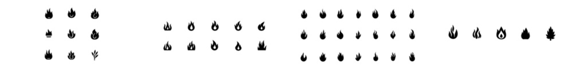 A set of flat icons depicting fire, including flames and silhouettes in various shapes, is presented in a modern bonfire illustration
