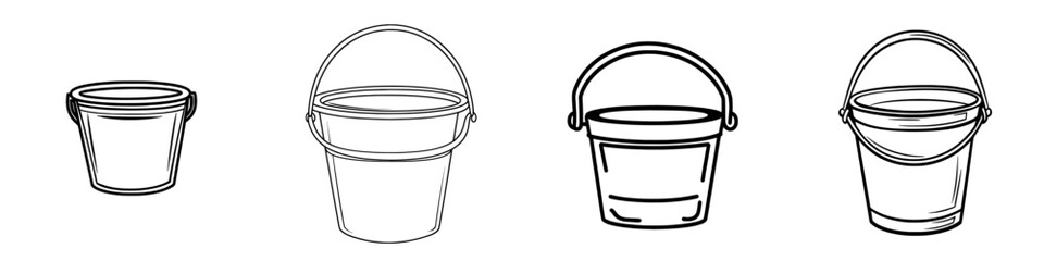 A modern bucket is depicted in a hand-drawn illustration, featuring doodle style outlines isolated on a white background