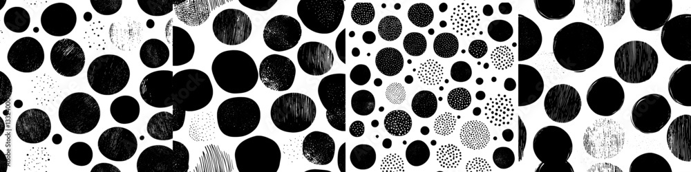Poster a seamless pattern featuring an assortment of abstract shapes, dots, and splatters, set against a ha