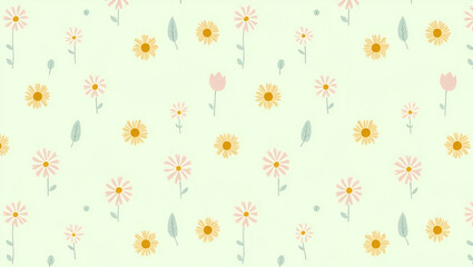 Fototapeta premium Scandinavian Garden Tile Pattern: Simple Daisies & Tulips in Green