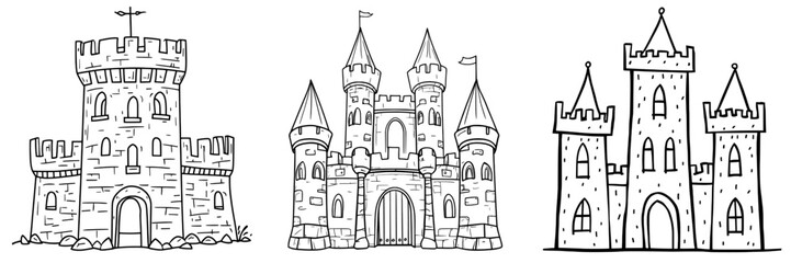 The design for a T-shirt apparel print features a medieval castle sketch reinterpreted as a modern illustration, with a scratch board imitation in black and white