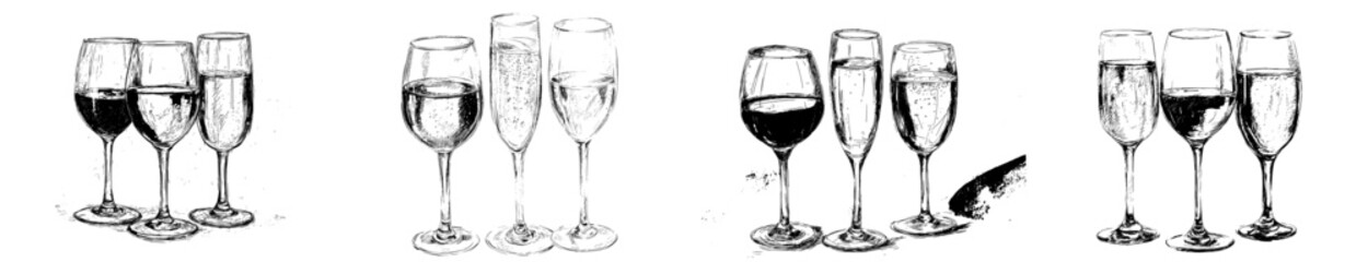 Fototapeta premium A collection of wineglasses for red wine, white wine, and champagne, depicted in a modern hand-drawn retro illustration style