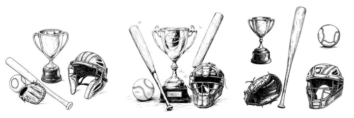 Modern hand drawn sketch illustration of baseball sports equipment, including ball, glove, baseball bat, and helmet icons © Andrei