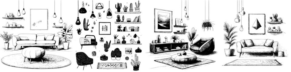 A modern illustration set featuring furniture, indoor plants, and decorative items, including a sofa, armchair, lamp, table, wardrobe, and house plants, all in a linear contour design © Andrei