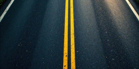 Dark asphalt road, yellow center line & white edge lines, overhead shot, markings, route, center line