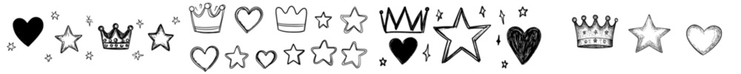 Collection of manually sketched doodle items, including stars, a crown, and hearts