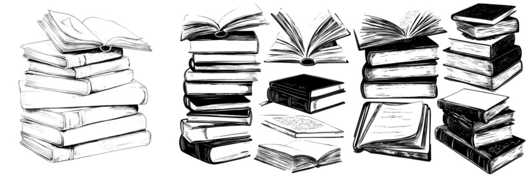 The set includes a hand drawn book, monochrome notebooks for sketching, library and bookstore elements, an engraving of a stack of textbooks, a hardcover diary or encyclopedia, and other modern