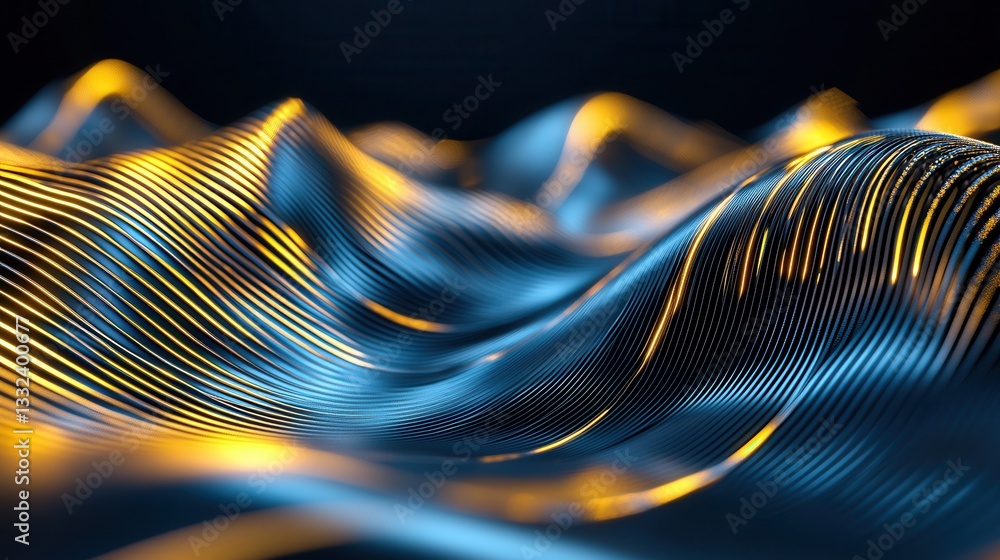 Poster mesmerizing abstract composition of dynamic flowing golden wave lines and soft glowing bokeh lights 