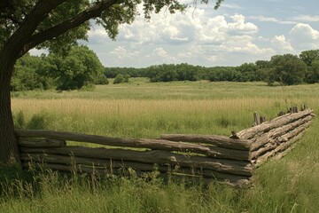 A Peaceful View of a Rural Landscape Featuring a Rustic Wooden Fence