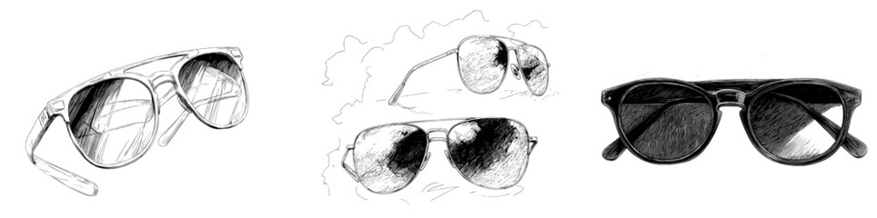 Modern illustration of flying glasses is depicted in a sketch engraving style, suitable for a T-shirt apparel print design, resembling a scratch board imitation, presented as a black and white hand