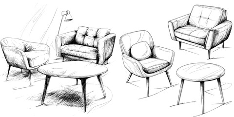 Monochrome illustrations of antique furniture are compiled in a sketch style, utilizing art ink and black and white graphics