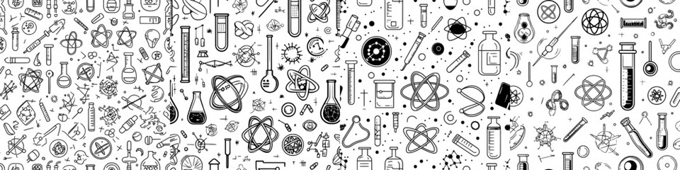 National Science Day is represented by objects in a hand-drawn modern pattern in doodle style