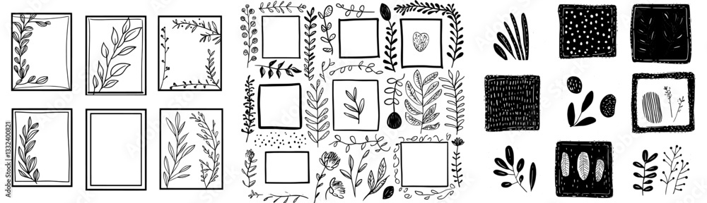 Poster a set of hand drawn rectangular frames in doodle style