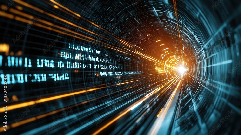 Fototapete Luminous particles swiftly moving through a futuristic digital hyperspace creating a dynamic and energetic visual effect