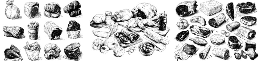 A compilation of monochrome sketches depicting various meat products in a hand-drawn, ink-based art style, presented in black and white
