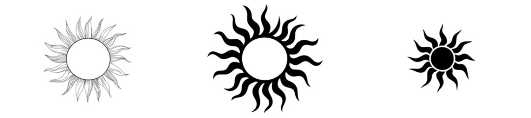 Continuous line art depicting the sun, representing a single line sketch of a sunny summer travel concept