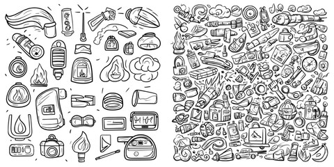 Firefighter team concept doodles are presented in a hand drawn set with outline and black and white style across multiple collections