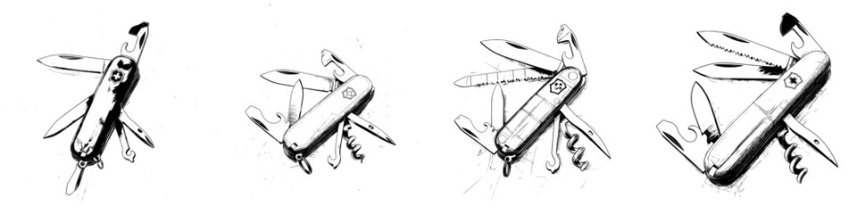Retro hand drawn illustration of a folding swiss army knife