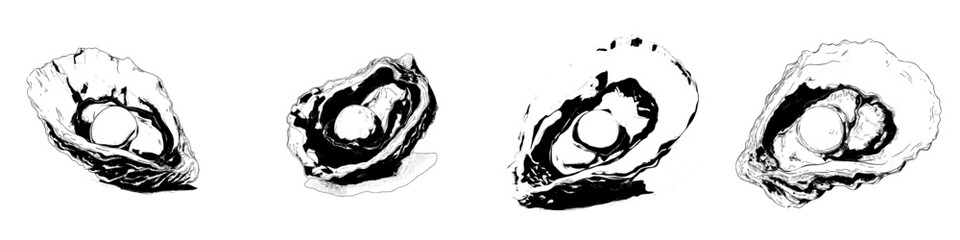 A modern illustration, drawn by hand in a sketch style, features a pink pearl nestled in an open shell, isolated from any background