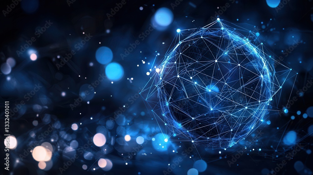 Poster clean and professional depicting a complex three dimensional glowing blue digital network or technol