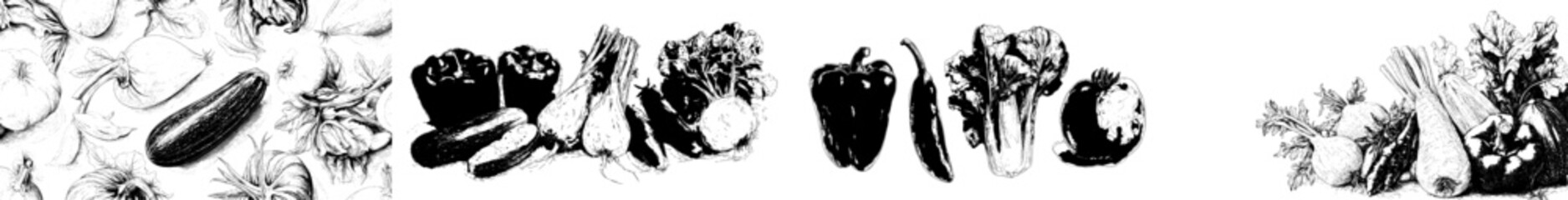 Modern illustration of black and white engraved vegetables