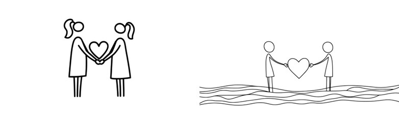 Two friends are clasped together, symbolized by a heart at their center, embodying the concept of teammates and love, set against a backdrop of human rights illustrations