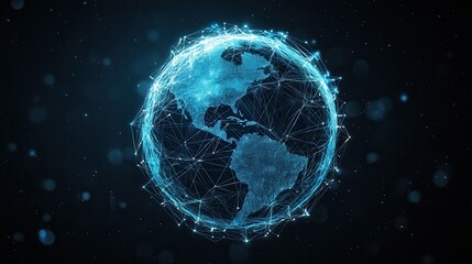Clean and professional depicting a glowing blue globe surrounded by a futuristic digital network representing global connectivity technology and innovation