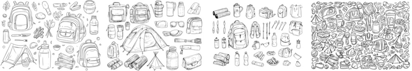 A vast collection of hiking gear is depicted in a hand-drawn doodle style, featuring items for summer camping and trekking, along with travel supplies icons for an outdoor base camp, presented as a