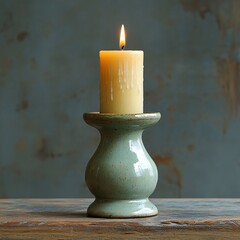Candle on Teal Stand, Rustic Background