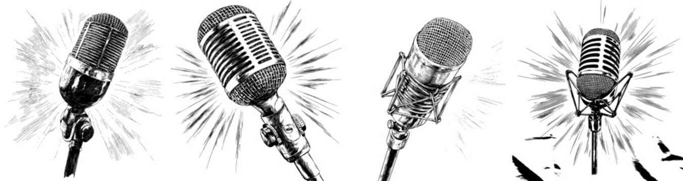 A hand-drawn, vintage-style illustration of an old retro microphone is set against a plain white background