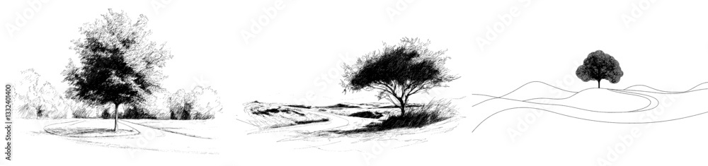 Poster modern illustration featuring a continuous single-line drawing of a tree in a natural setting