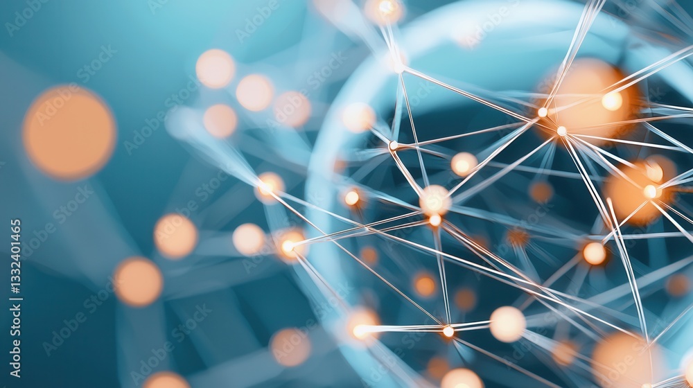 Poster a digital rendering depicting a blue geometric sphere with an intricate network of interconnected po