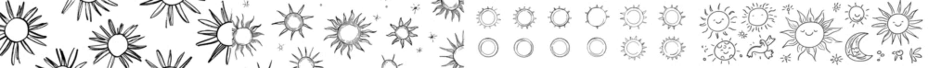 A collection of sun icons in various doodle styles is available, featuring scribbled yellow suns with ray symbols and other childlike drawings, including hand-drawn bursts and hot weather signs, all