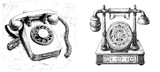 The English old telephone is depicted in a retro vintage sketch with a hand drawn engraving style and modern illustration