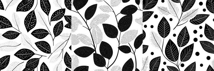 The design features hand drawn branches with long rounded leaves, presented in a seamless pattern and incorporating a dry brush style with small dots, reminiscent of modern eucalyptus, olive, or © Andrei
