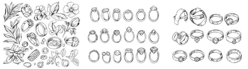Collection of jewelry, including engagement and wedding rings, illustrated in a vintage graphic style