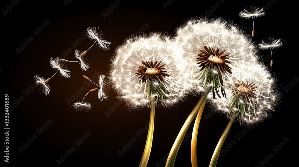 Aufkleber close up of a dandelion puff with its delicate white seeds softly floating and drifting through the 