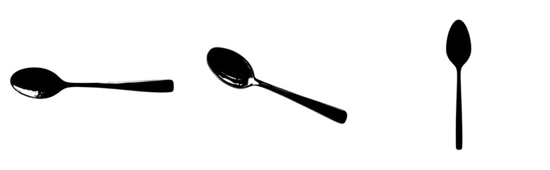 A contemporary solitary spoon is represented by a single hueless black and white outline, silhouette, and shadow form