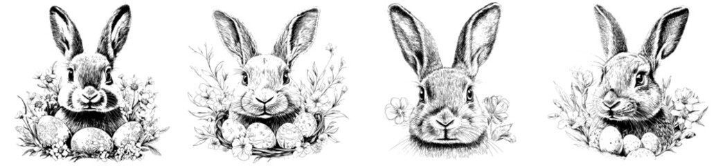 A hand-drawn engraving sketch of the Easter Bunny sitting in flowers with eggs is a modern illustration