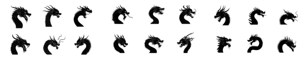 A collection of dragon heads with mouths agape and fangs exposed, showcasing various enraged facial expressions, suitable for tattoos, emblems, or logos, set against a white backdrop